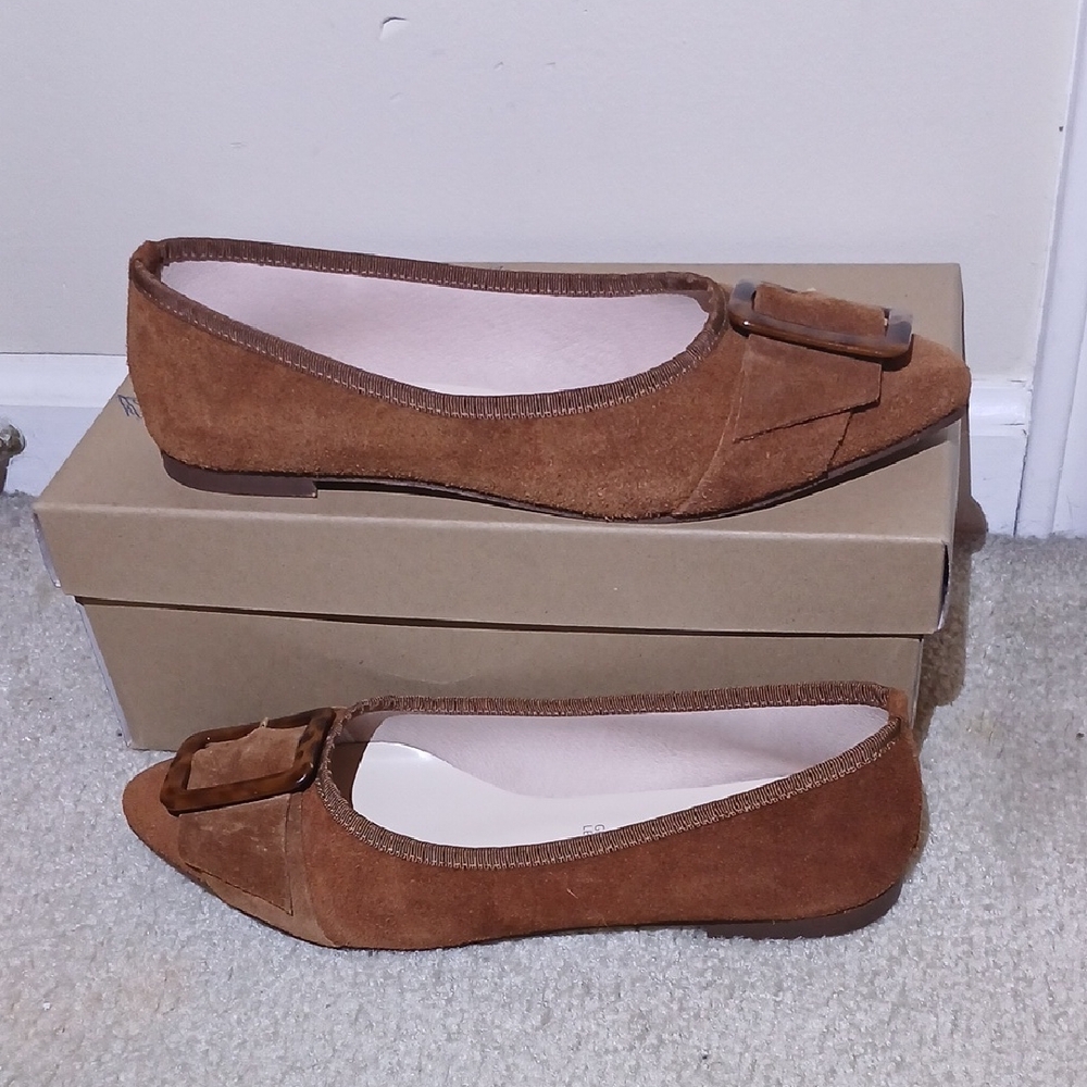 Le Matin Brown Leather Suede Flats Made In Italy Women's 8/39